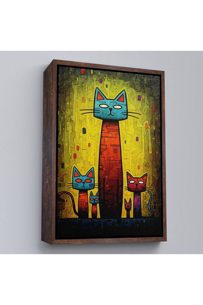 Oxyteez Tablou drăguț de familie de pisici cu cadru din lemn-7903