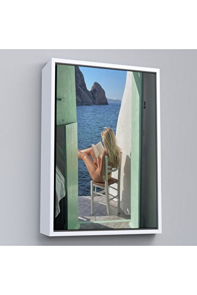 N NOXXO Femeie care citește o carte într-o casă pe plajă cu cadru de lemn Tablo-7777