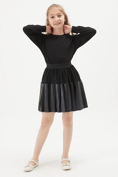 Cansın Mini Fusta din piele pentru fete din tul negru plisat 15274