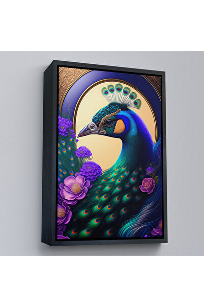 Oxyteez Ζωγραφική παγώνι στον κέντρο μωβ λουλούδια με ξύλινο πλαίσιο-8010