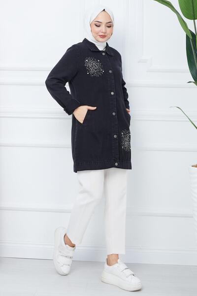 hafsamina Πέτρινο εμπριμέ τζιν μπουφάν μαύρο HM2377