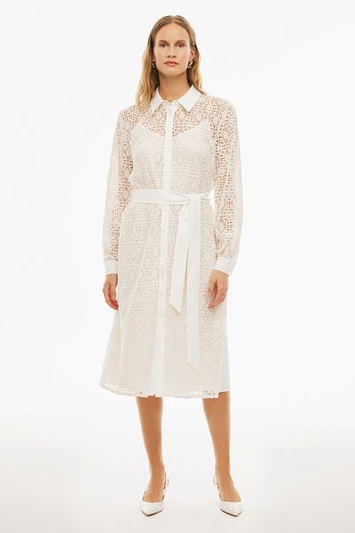 Perspective Darys Regular Fit Below Knee Fitted Sleeve Shirt Collar Beige Color Dress