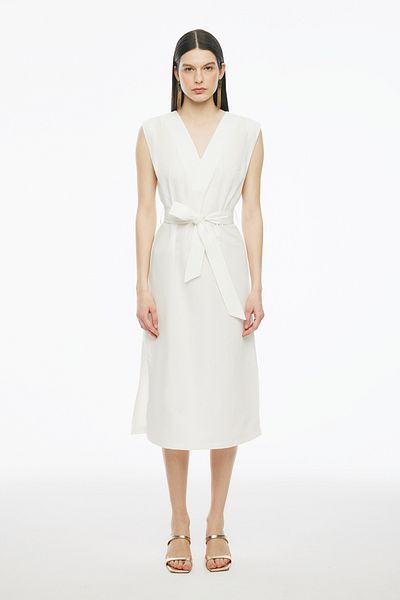 Perspective Rochie midi Blannes cu decolteu în V Ecru - Mânecă scăzută Regular Fit
