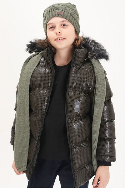 Cansın Mini Boy's Hexagonal Patterned Green Puffer Jacket 15589