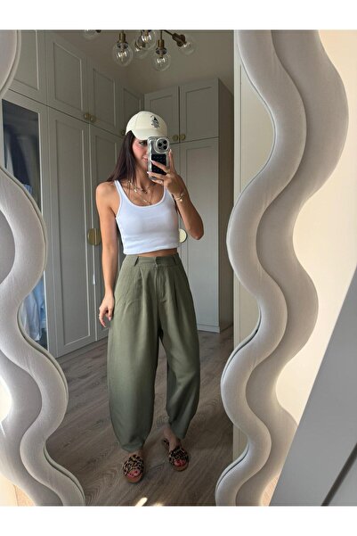 Bade Butik Yeşil Pileli Keten Şalvar Pantolon