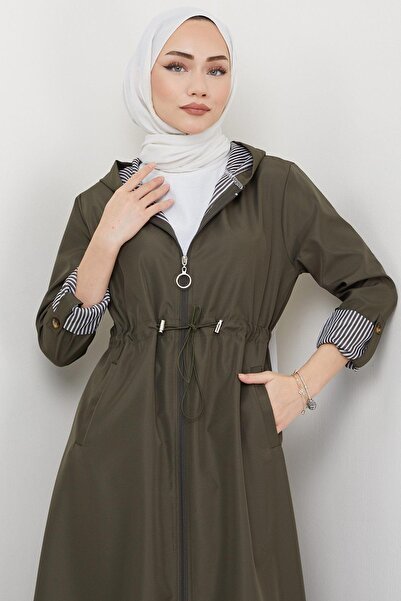 hafsamina Ριγέ μακριά καμπαρντίνα με κουκούλα Khaki HM2332