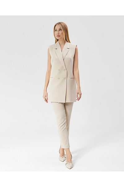 Appleline Costum vestă lungă clasică în dungi BEIGE pentru femei