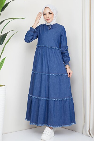 hafsamina Τζιν φόρεμα με λεπτομέρεια από δαντέλα μπροστά σκούρο μπλε