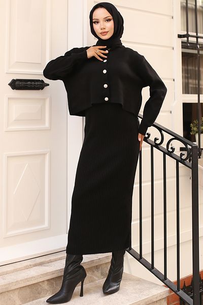 giyze Button Detailed Gilet Knitwear Suit Black 3064