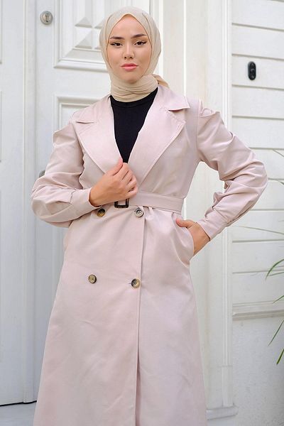 hafsamina Sleeve Pleated Trench Coat Stone HM2260