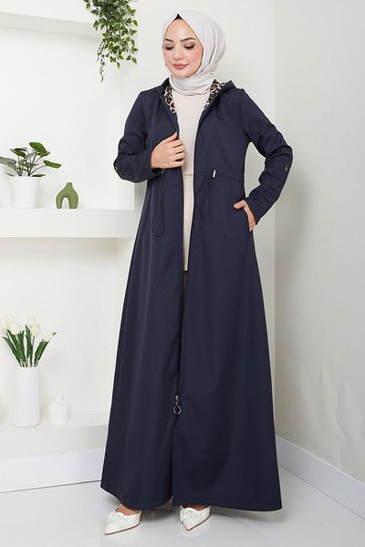 hafsamina Navy Blue Hooded Leopard Trench Coat - HM2474