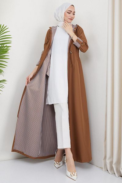 hafsamina Hooded Striped Long Trench Coat Brown HM2332
