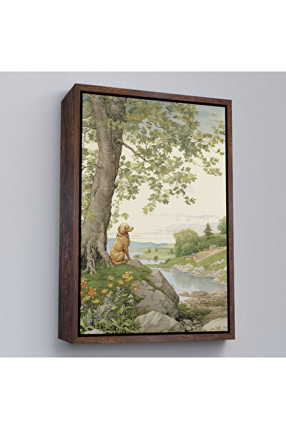 Oxyteez Ζωγραφική με μοναχικό σκύλο που παρακολουθεί το τοπίο με ξύλινο πλαίσ...