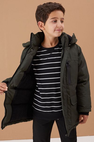 Cansın Mini Boy's Coat - Khaki Fur, Hood, Zipper and Chest Pocket 19076