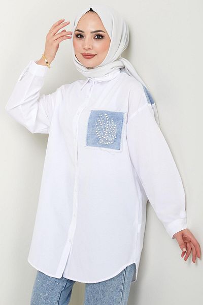 hafsamina White Stone Detailed Pocket Shirt - HM2432