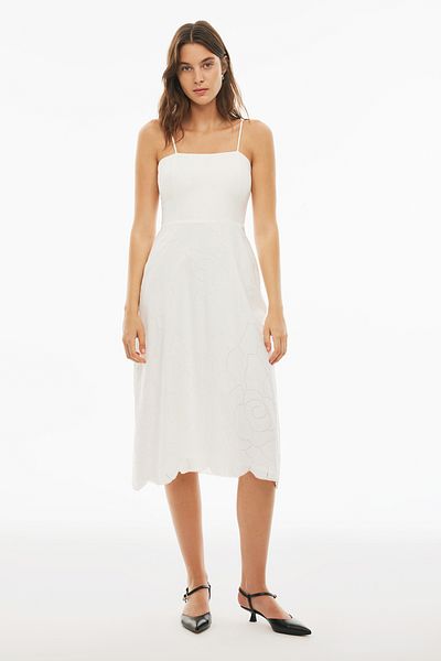 Perspective Branny Regular Fit Midi Length Strap Square Collar Ecru Color Dress