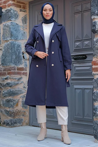 hafsamina Palton din cașmir cu nasturi, albastru bleumarin HM2301