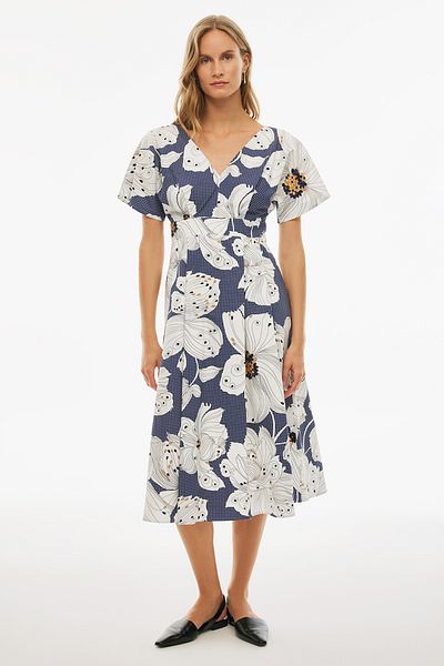 Perspective Alyas Regular Fit Floral Print Midi Length Short Sleeve Standard V-Neck White Indigo Color Dress