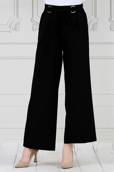 Sevitli Wide Leg Black Trousers - Ring Detail