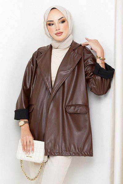 hafsamina Oversize Δερμάτινο Μπουφάν Καφέ HM2338