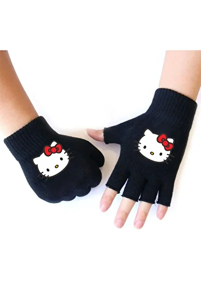 Köstebek Black Hello Kitty Printed Finger Gloves