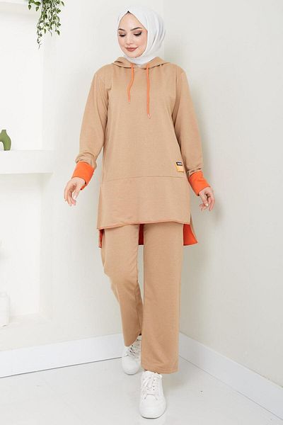 hafsamina Camel Neon Garnished Hooded Tracksuit Set - HM2465