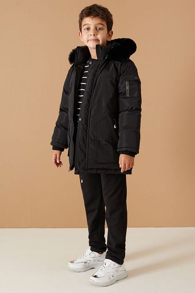 Cansın Mini Boy's Hooded Coat - Black, Fur Inside, Sleeve Pocket Detail, 19058