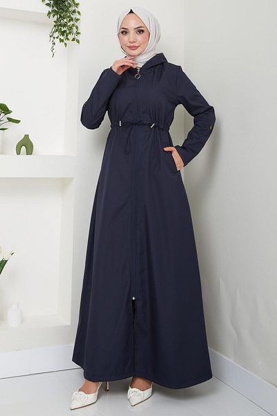 hafsamina Navy Blue Hooded Leopard Trench Coat - HM2474