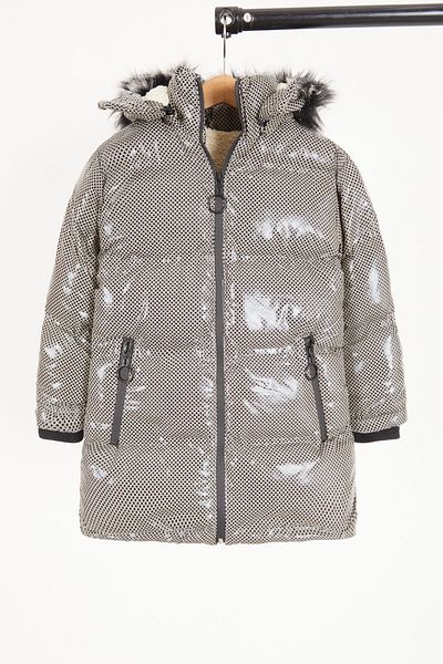 Cansın Mini Girl's Hexagon Patterned Cream Puffer Coat 16267