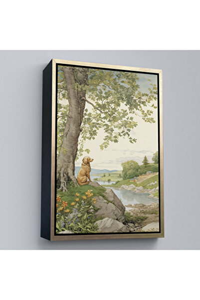 Oxyteez Ζωγραφική με μοναχικό σκύλο που παρακολουθεί το τοπίο με ξύλινο πλαίσ...