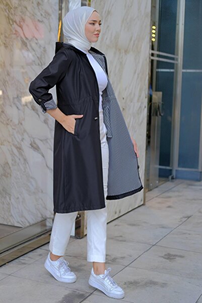 hafsamina Çizgi Detaylı Trençkot Siyah HM2283