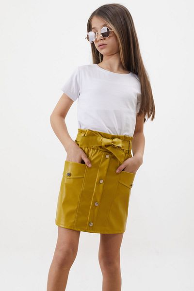 Cansın Mini Girl's Leather Skirt - Mustard, Button Detail and Belted 18453