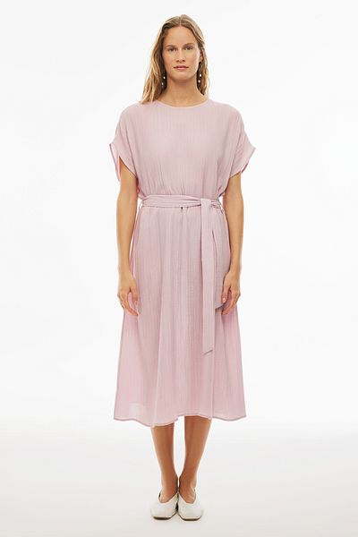 Perspective Comfortable Midi Dress - Crew Neck, Dusty Rose Color