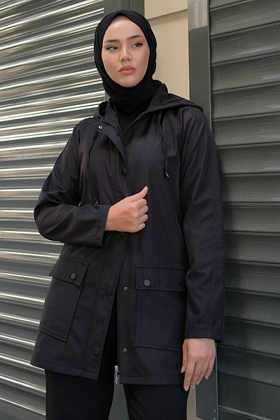 hafsamina Bag Pocket Trench Coat Black HM2275