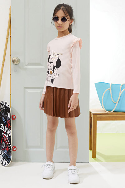 Cansın Mini Salmon Character Printed Women's Leather Skirt Girl's Set 18606