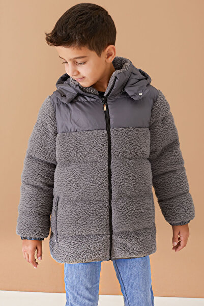 Cansın Mini Boy's Plush Coat with Hood and Lining - Smoke 19324