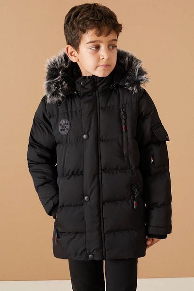Cansın Mini Boy's Fur Hooded Coat - Black, Zipper Pocket, Crest Detail 19067
