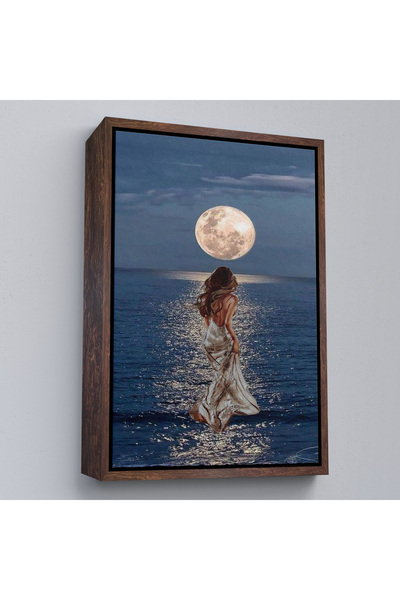 N NOXXO Femeie abstractă care merge pe jos pe Lună peste mare cu cadru din lemn-7684