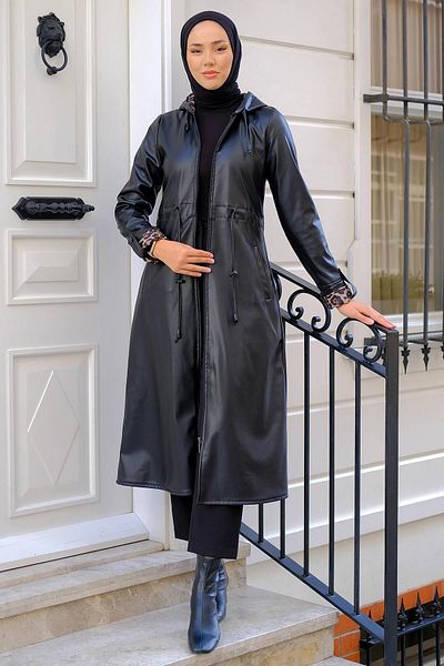 hafsamina Sleeve Folded Leather Trench Coat Black HM2297