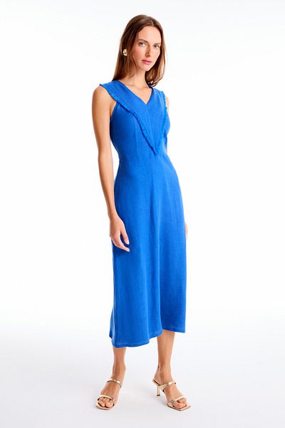 Perspective Saks Colorful Celans Midi Size V-Neck Regular Fit Dress - Zero Sleeve