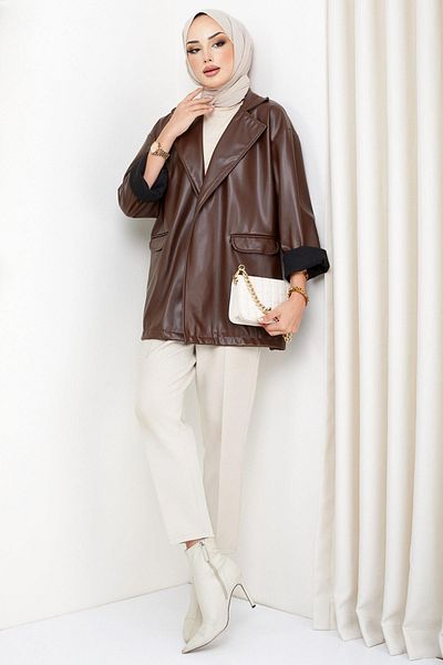 hafsamina Oversize Δερμάτινο Μπουφάν Καφέ HM2338