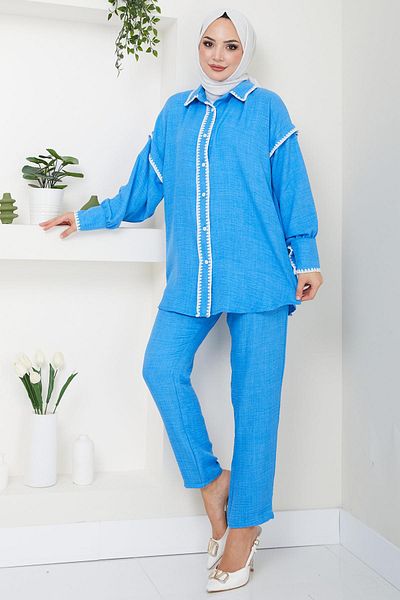hafsamina Blue Embroidered Double Suit - HM2491