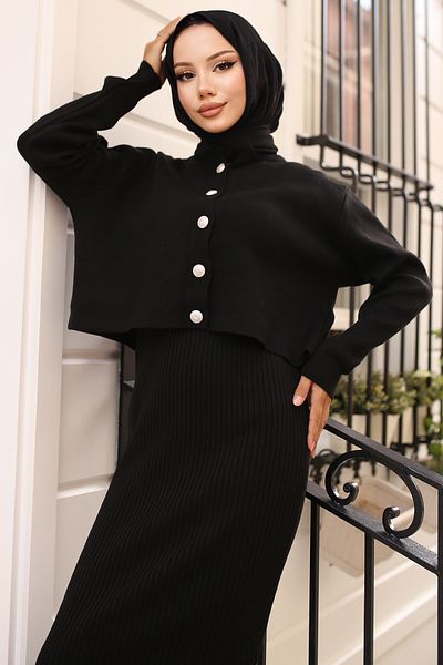 giyze Button Detailed Gilet Knitwear Suit Black 3064