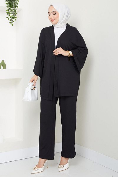 hafsamina Black Kimono and Pants Set - HM2434