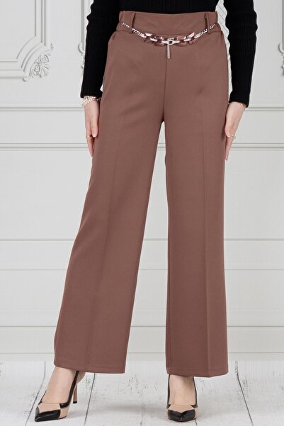 Sevitli Wide Leg Chain Detailed Trousers - Brown