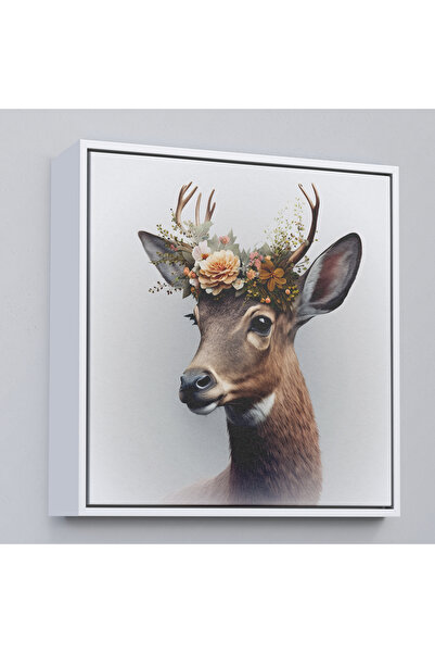 Oxyteez Pictură portret de cerb cu coroană de flori într-un cadru din lemn-8355