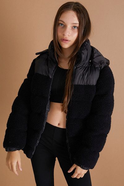 Cansın Mini Girl's Black Hooded Plush Coat 19317 - Lined