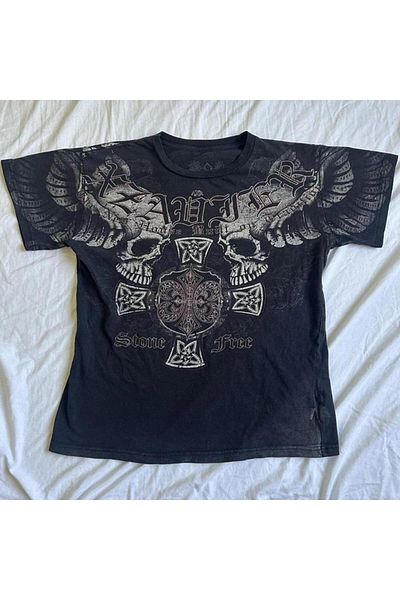 Köstebek Unisex καπνιστό γοτθικό μπλουζάκι Cyber ​​Grunge - Σχέδιο κρανίου χωρίς πέτρα
