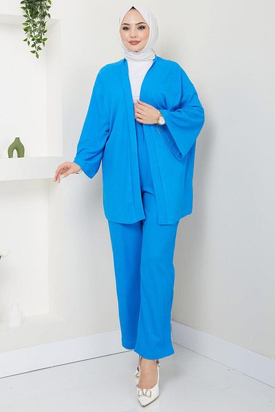 hafsamina Blue Kimono and Trousers Set - HM2434