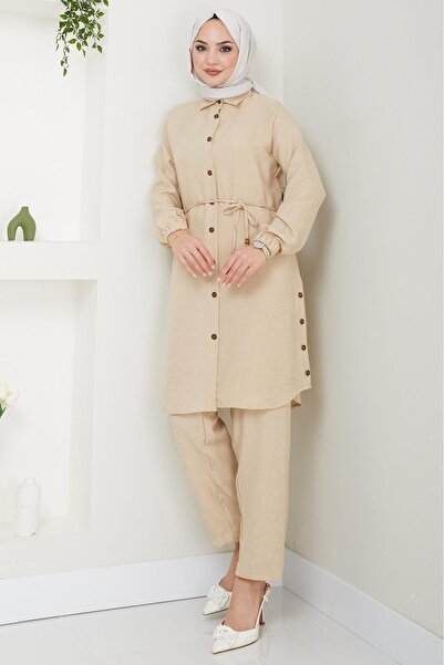 hafsamina Μπεζ Διπλό Σετ - Κουμπί Λεπτομερές HM2448